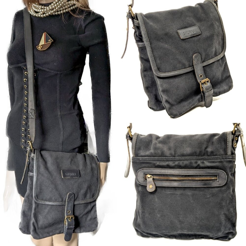 GHURKA Black Denim and Leather Rugged Messenger Crossbody - Picture 2 of 16